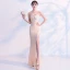 Modern / Fashion Champagne See-through Evening Dresses  2019 Trumpet / Mermaid V-Neck Long Sleeve Split Front Floor-Length / Long Ruffle Backless Formal Dresses