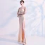 Modern / Fashion Champagne See-through Evening Dresses  2019 Trumpet / Mermaid V-Neck Long Sleeve Split Front Floor-Length / Long Ruffle Backless Formal Dresses