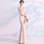 Modern / Fashion Champagne See-through Evening Dresses  2019 Trumpet / Mermaid V-Neck Long Sleeve Split Front Floor-Length / Long Ruffle Backless Formal Dresses