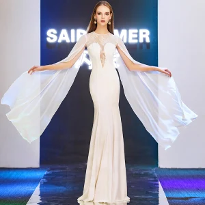 Moderne Mode Ivoire Transparentes Robe De Soirée 2019 Trompette Sirène Encolure Dégagée Manches Longues Longue Volants Dos Nu Robe De Ceremonie
