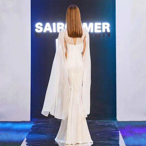 Moderne / Mode Ivoire Transparentes Robe De Soirée 2019 Trompette / Sirène Encolure Dégagée Manches Longues Longue Volants Dos Nu Robe De Ceremonie