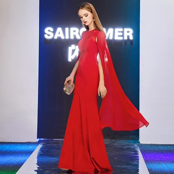 Moderne / Mode Ivoire Transparentes Robe De Soirée 2019 Trompette / Sirène Encolure Dégagée Manches Longues Longue Volants Dos Nu Robe De Ceremonie