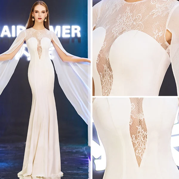 Moderne / Mode Ivoire Transparentes Robe De Soirée 2019 Trompette / Sirène Encolure Dégagée Manches Longues Longue Volants Dos Nu Robe De Ceremonie