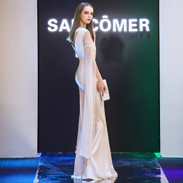 Modern / Fashion Evening Dresses 2019 Trumpet / Mermaid Scoop Neck Long Sleeve Floor-Length / Long Ruffle Backless Formal Dresses