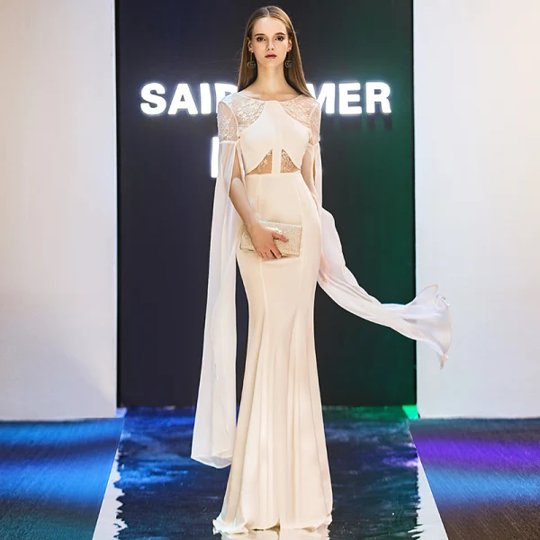 Modern / Fashion Evening Dresses 2019 Trumpet / Mermaid Scoop Neck Long Sleeve Floor-Length / Long Ruffle Backless Formal Dresses