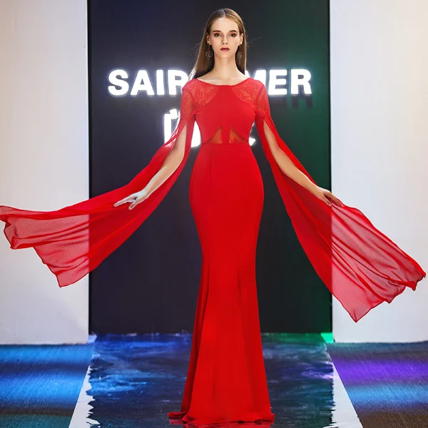 Modern / Fashion Evening Dresses 2019 Trumpet / Mermaid Scoop Neck Long Sleeve Floor-Length / Long Ruffle Backless Formal Dresses