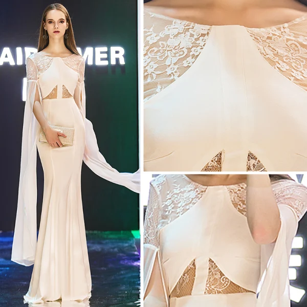 Modern / Fashion Evening Dresses 2019 Trumpet / Mermaid Scoop Neck Long Sleeve Floor-Length / Long Ruffle Backless Formal Dresses
