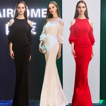 Moderne Mode Robe De Soirée 2019 Trompette Sirène Encolure Dégagée Gonflée 3 4 Manches Longue Volants Dos Nu Robe De Ceremonie