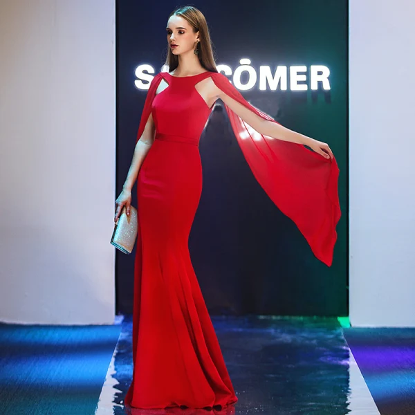 Modern / Fashion Evening Dresses  2019 Trumpet / Mermaid Scoop Neck Amazing / Unique Long Sleeve Floor-Length / Long Ruffle Backless Formal Dresses
