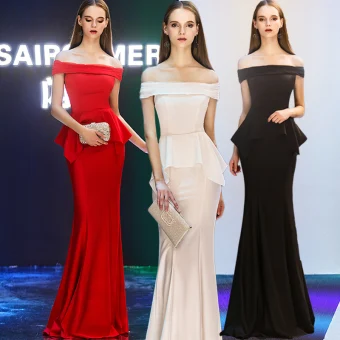 Élégant Robe De Soirée 2019 Trompette Sirène De L Épaule Manches Courtes Longue Volants Dos Nu Robe De Ceremonie