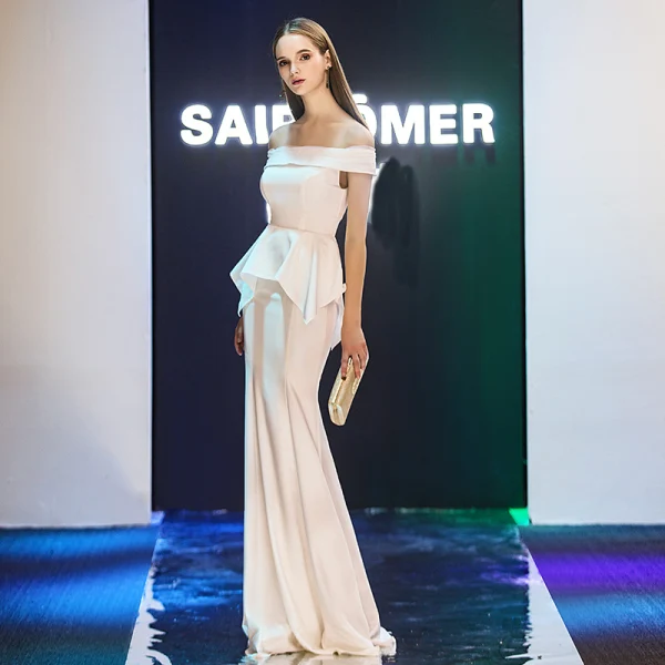 Elegant Evening Dresses 2019 Trumpet / Mermaid Off-The-Shoulder Short Sleeve Floor-Length / Long Ruffle Backless Formal Dresses