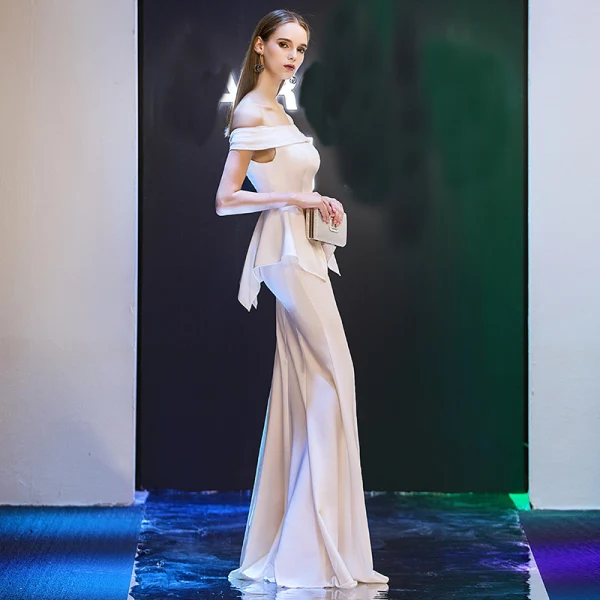 Elegant Evening Dresses 2019 Trumpet / Mermaid Off-The-Shoulder Short Sleeve Floor-Length / Long Ruffle Backless Formal Dresses