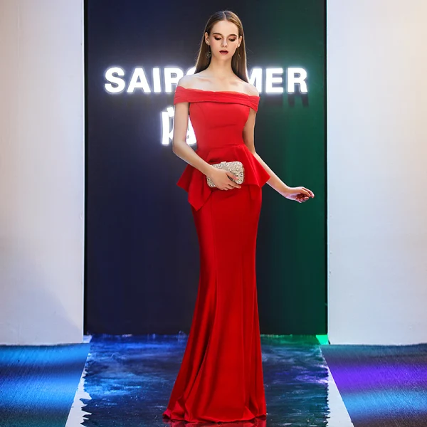 Elegant Evening Dresses 2019 Trumpet / Mermaid Off-The-Shoulder Short Sleeve Floor-Length / Long Ruffle Backless Formal Dresses