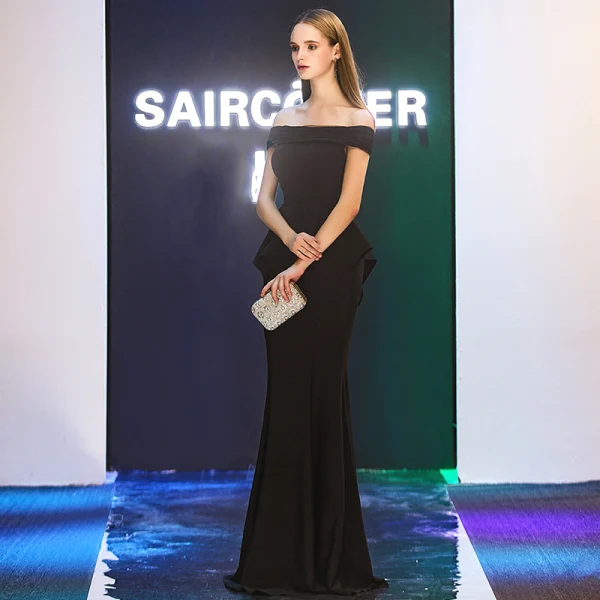 Elegant Evening Dresses 2019 Trumpet / Mermaid Off-The-Shoulder Short Sleeve Floor-Length / Long Ruffle Backless Formal Dresses
