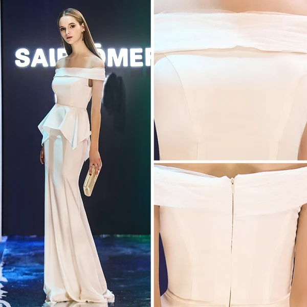 Elegant Evening Dresses 2019 Trumpet / Mermaid Off-The-Shoulder Short Sleeve Floor-Length / Long Ruffle Backless Formal Dresses