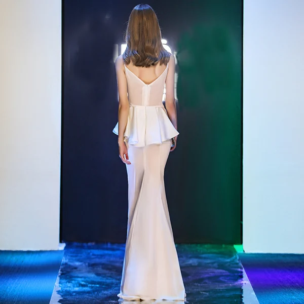 Modern / Fashion Ivory Evening Dresses 2019 Trumpet / Mermaid Spaghetti Straps Square Neckline Sleeveless Floor-Length / Long Ruffle Backless Formal Dresses