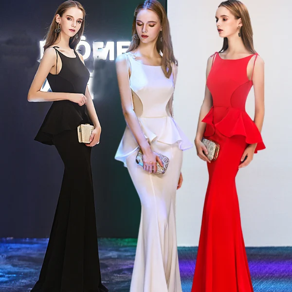 Modern / Fashion Ivory Evening Dresses 2019 Trumpet / Mermaid Spaghetti Straps Square Neckline Sleeveless Floor-Length / Long Ruffle Backless Formal Dresses
