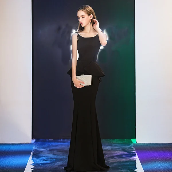 Modern / Fashion Ivory Evening Dresses 2019 Trumpet / Mermaid Spaghetti Straps Square Neckline Sleeveless Floor-Length / Long Ruffle Backless Formal Dresses