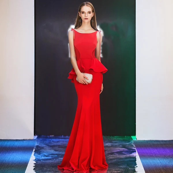 Modern / Fashion Ivory Evening Dresses 2019 Trumpet / Mermaid Spaghetti Straps Square Neckline Sleeveless Floor-Length / Long Ruffle Backless Formal Dresses