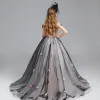 Chic / Beautiful Black Flower Girl Dresses 2017 Ball Gown Off-The-Shoulder Short Sleeve Appliques Lace Pearl Rhinestone Butterfly Court Train Ruffle Wedding Party Dresses
