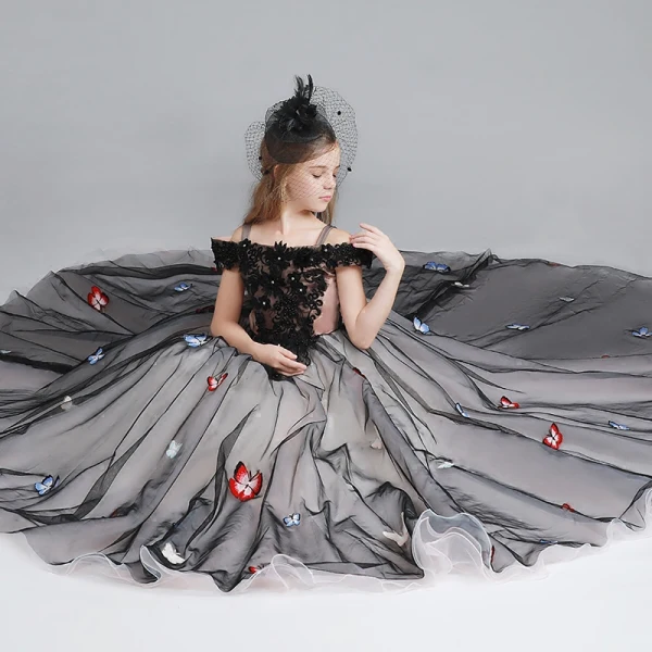 Chic / Beautiful Black Flower Girl Dresses 2017 Ball Gown Off-The-Shoulder Short Sleeve Appliques Lace Pearl Rhinestone Butterfly Court Train Ruffle Wedding Party Dresses