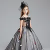 Chic / Beautiful Black Flower Girl Dresses 2017 Ball Gown Off-The-Shoulder Short Sleeve Appliques Lace Pearl Rhinestone Butterfly Court Train Ruffle Wedding Party Dresses