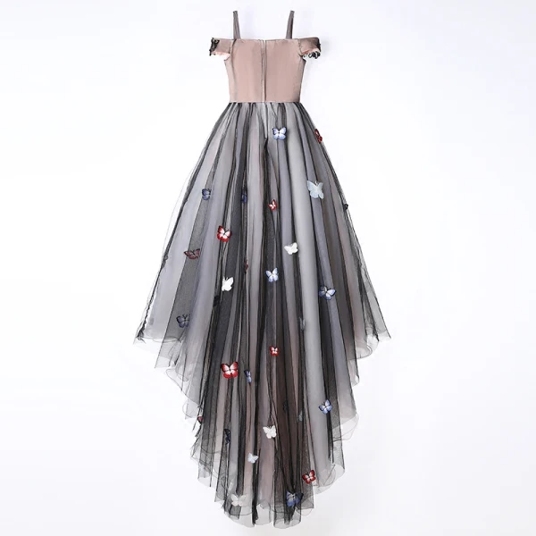 Chic / Beautiful Black Flower Girl Dresses 2017 Ball Gown Off-The-Shoulder Short Sleeve Appliques Lace Pearl Rhinestone Butterfly Court Train Ruffle Wedding Party Dresses