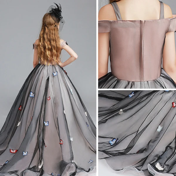 Chic / Beautiful Black Flower Girl Dresses 2017 Ball Gown Off-The-Shoulder Short Sleeve Appliques Lace Pearl Rhinestone Butterfly Court Train Ruffle Wedding Party Dresses
