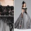 Chic / Beautiful Black Flower Girl Dresses 2017 Ball Gown Off-The-Shoulder Short Sleeve Appliques Lace Pearl Rhinestone Butterfly Court Train Ruffle Wedding Party Dresses