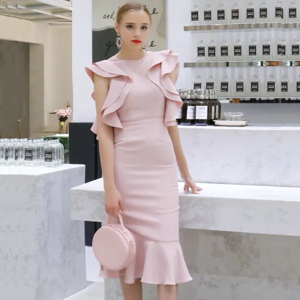 Proste / Simple Rumieniąc Różowy Sukienki Wieczorowe 2019 Wycięciem Bez Rękawów Długość Herbaty Wzburzyć Bez Pleców Sukienki Wizytowe