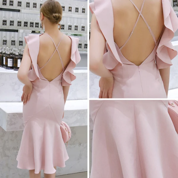 Simple Rougissant Rose Robe De Soirée 2019 Encolure Dégagée Sans Manches Thé Longueur Volants Dos Nu Robe De Ceremonie