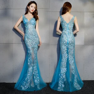 Sexy Ocean Blue See Through Evening Dresses 2019 Trumpet Mermaid V Neck Sleeveless Appliques Lace Beading Floor Length Long Ruffle Backless Formal Dresses