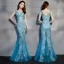 Sexy Océan Bleu Transparentes Robe De Soirée 2019 Trompette / Sirène V-Cou Sans Manches Appliques En Dentelle Perlage Longue Volants Dos Nu Robe De Ceremonie