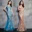 Sexy Océan Bleu Transparentes Robe De Soirée 2019 Trompette / Sirène V-Cou Sans Manches Appliques En Dentelle Perlage Longue Volants Dos Nu Robe De Ceremonie