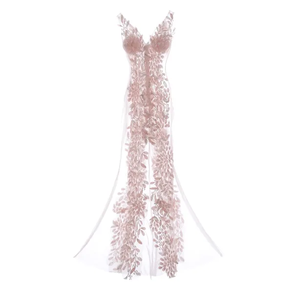 Sexy Océan Bleu Transparentes Robe De Soirée 2019 Trompette / Sirène V-Cou Sans Manches Appliques En Dentelle Perlage Longue Volants Dos Nu Robe De Ceremonie