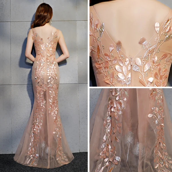 Sexy Océan Bleu Transparentes Robe De Soirée 2019 Trompette / Sirène V-Cou Sans Manches Appliques En Dentelle Perlage Longue Volants Dos Nu Robe De Ceremonie