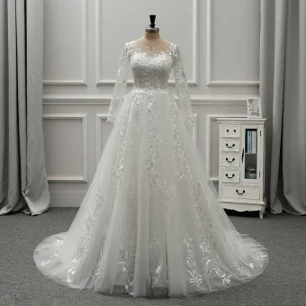Élégant Ivoire Transparentes Robe De Mariée 2019 Princesse Encolure Dégagée Manches Longues Dos Nu Appliques En Dentelle Faux Diamant Perlage Perle Tribunal Train Volants