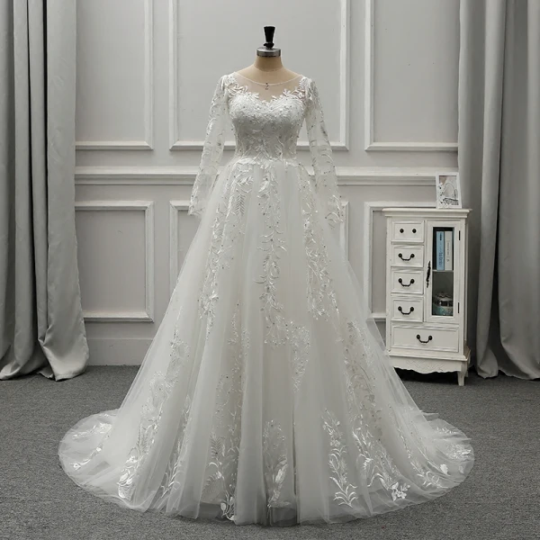 Élégant Ivoire Transparentes Robe De Mariée 2019 Princesse Encolure Dégagée Manches Longues Dos Nu Appliques En Dentelle Faux Diamant Perlage Perle Tribunal Train Volants