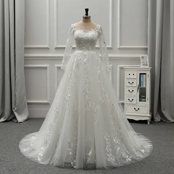 Princess Tulle Ruffles Scoop Long Sleeves Backless Wedding Dress