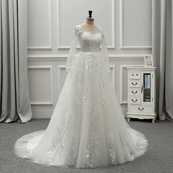 Élégant Ivoire Transparentes Robe De Mariée 2019 Princesse Encolure Dégagée Manches Longues Dos Nu Appliques En Dentelle Faux Diamant Perlage Perle Tribunal Train Volants