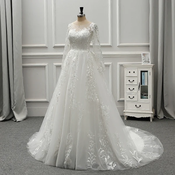 Élégant Ivoire Transparentes Robe De Mariée 2019 Princesse Encolure Dégagée Manches Longues Dos Nu Appliques En Dentelle Faux Diamant Perlage Perle Tribunal Train Volants
