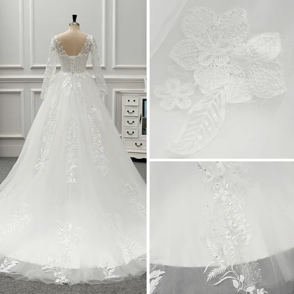 Élégant Ivoire Transparentes Robe De Mariée 2019 Princesse Encolure Dégagée Manches Longues Dos Nu Appliques En Dentelle Faux Diamant Perlage Perle Tribunal Train Volants