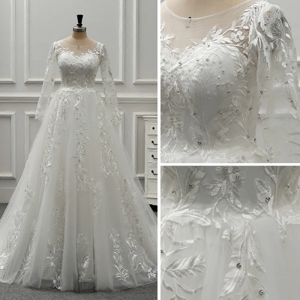 Élégant Ivoire Transparentes Robe De Mariée 2019 Princesse Encolure Dégagée Manches Longues Dos Nu Appliques En Dentelle Faux Diamant Perlage Perle Tribunal Train Volants