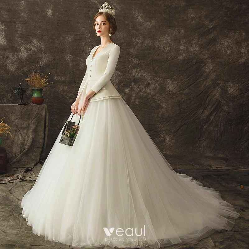 Vintage / Retro Ivory Wedding Dresses 2019 A-Line / Princess V-Neck ...