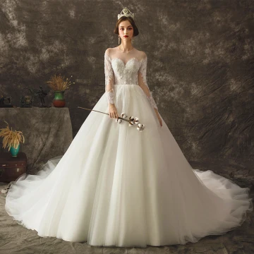 Charming Ivory See Through Wedding Dresses 2019 Ball Gown Scoop Neck Long Sleeve Backless Appliques Lace Beading Pearl Chapel Train Ruffle
