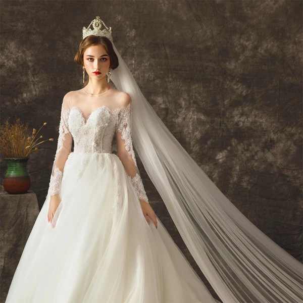 Charming Ivory See-through Wedding Dresses 2019 Ball Gown Scoop Neck Long Sleeve Backless Appliques Lace Beading Pearl Chapel Train Ruffle