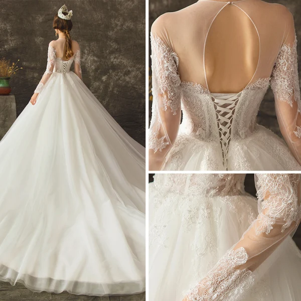 Charming Ivory See-through Wedding Dresses 2019 Ball Gown Scoop Neck Long Sleeve Backless Appliques Lace Beading Pearl Chapel Train Ruffle