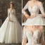 Charming Ivory See-through Wedding Dresses 2019 Ball Gown Scoop Neck Long Sleeve Backless Appliques Lace Beading Pearl Chapel Train Ruffle