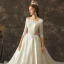 Vintage Ivory / Creme Durchsichtige Brautkleider / Hochzeitskleider 2019 A Linie Rundhalsausschnitt 3/4 Ärmel Rückenfreies Kathedrale Schleppe Rüschen