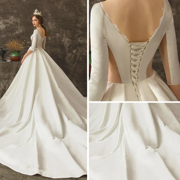 Vintage Ivory / Creme Durchsichtige Brautkleider / Hochzeitskleider 2019 A Linie Rundhalsausschnitt 3/4 Ärmel Rückenfreies Kathedrale Schleppe Rüschen